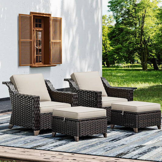 Joyside Wicker Patio Furniture Sets, 4 Pieces Upgraded Large Size Outdoor Furniture with Patio Dining Chairs and Outdoor Ottoman, Thick Cushions, Wide Armrest