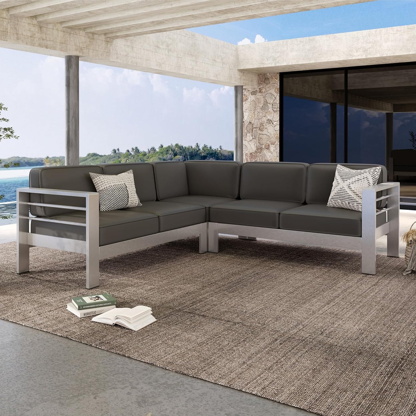 Outdoor Aluminum Furniture Set, 4-Person Patio Sectional Conversation Sofa Set, L-Shaped Outdoor Sectional Sofa with Cushions for Patios, Poolsides, Gardens (Khaki, Silver+Grey)