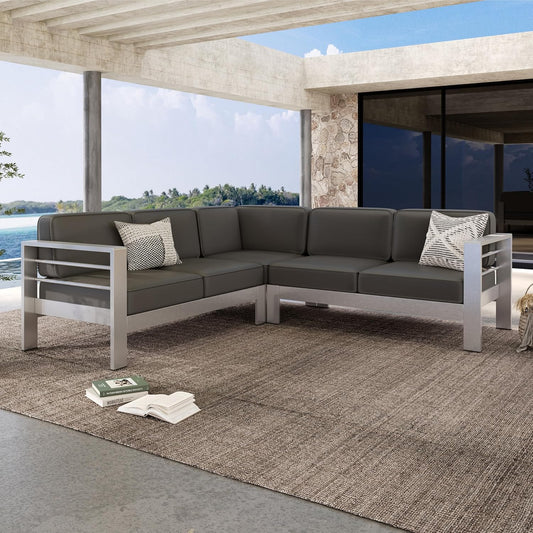 Outdoor Aluminum Furniture Set, 4-Person Patio Sectional Conversation Sofa Set, L-Shaped Outdoor Sectional Sofa with Cushions for Patios, Poolsides, Gardens (Khaki, Silver+Grey)