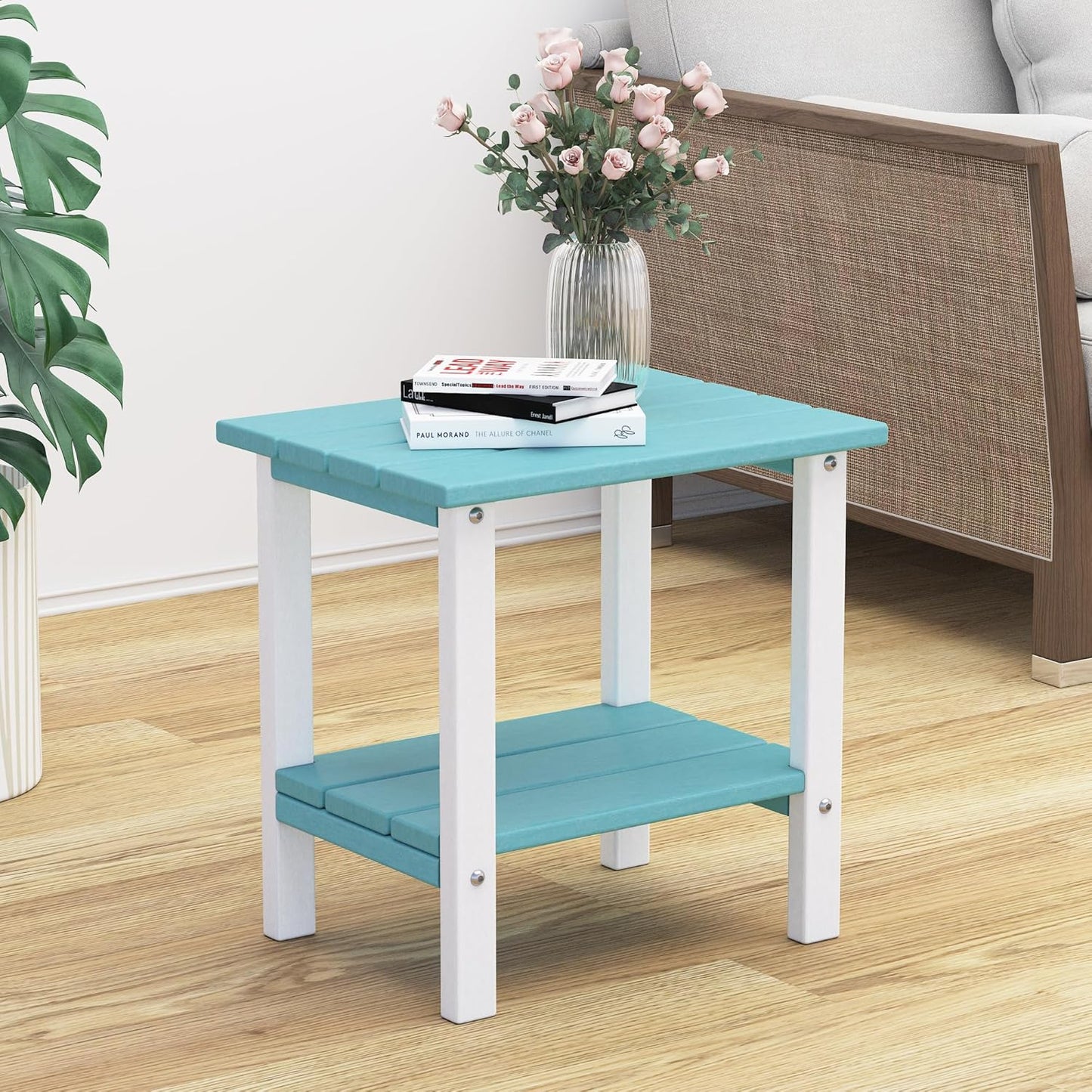 Outdoor Side Table, 16 Inch Square Patio Table, All Weather Porch Table for Balcony, Backyard, Lawn, Indoor Outdoor Companion (Aruba Blue & White)