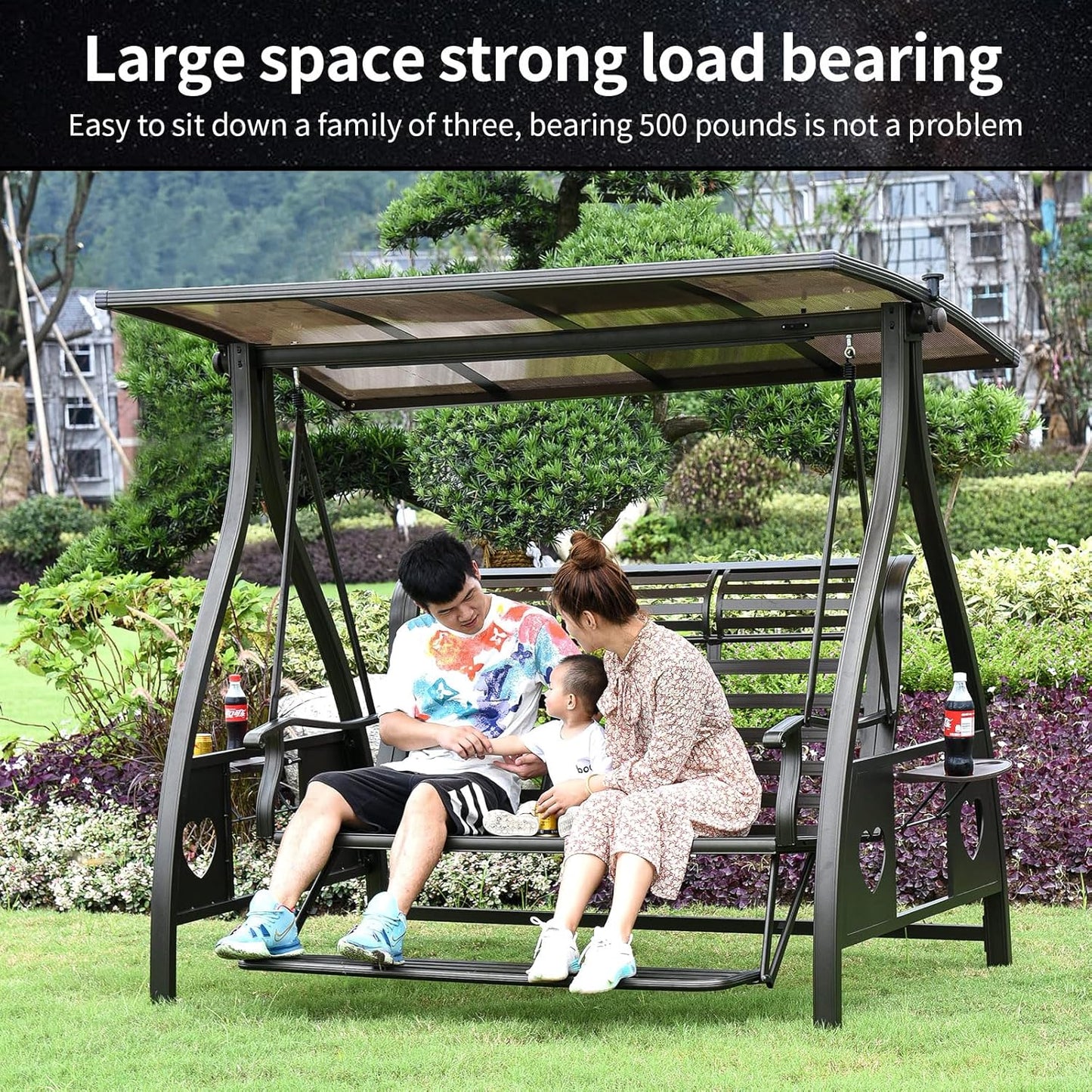 3-Seat Solar Outdoor Patio Swing Chair with Footrest Outdoor Porch Swing with Aluminum Frame Adjustable Tilt Canopy for Poolside Balcony Backyard (Plaid Pillow + Red Cushion)