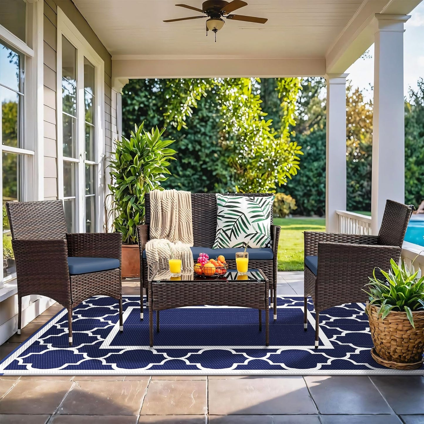 GENIMO Outdoor Rug 8' x 10' Patio Waterproof, Foldable Reversible Plastic Straw Area Rugs Mat for Camper Decor, Outside Carpet for Rv, Deck, Porch, Picnic, Beach, Balcony, Blue & White