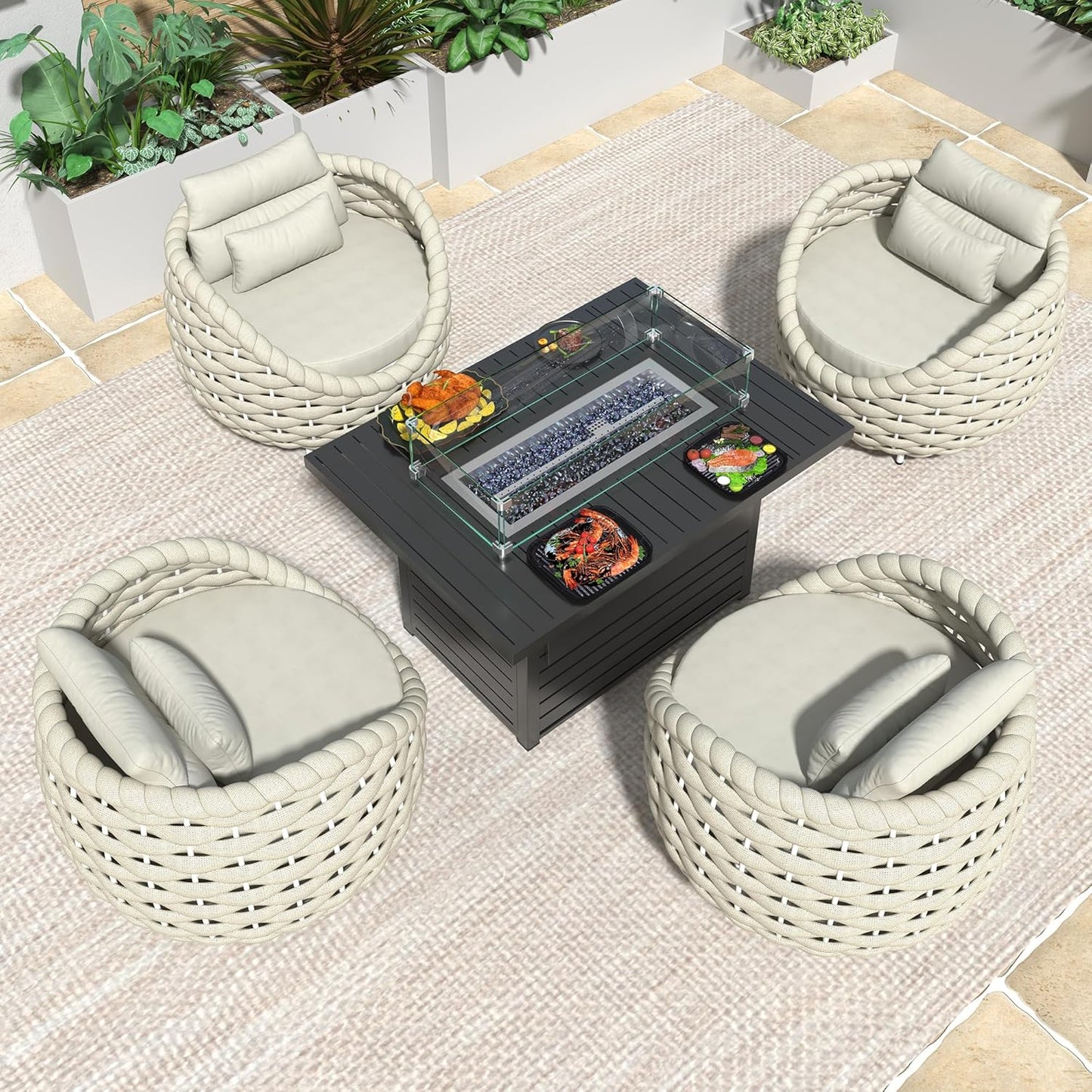 TWT 6 Pieces Patio Sofas, All-Weather Olefin Rope Balcony Furniture with Cushions & Pillows, Patio Couch Outdoor Patio Furniture Set for Indoor, Balcony, Backyard, Deck, Poolside, Cream