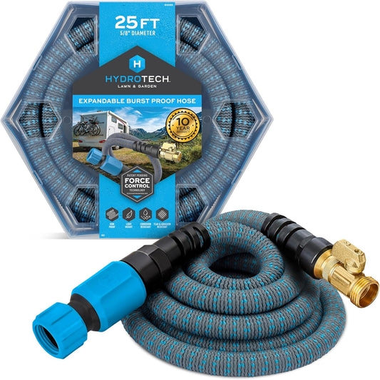 HydroTech 5/8" 25 ft Expandable Garden Hose - Flexible, Lightweight, Durable and Burst-Proof Hose with Reinforced Latex Core and Solid Brass Fittings - Great for Lawn Care, Garden, and Car Washing