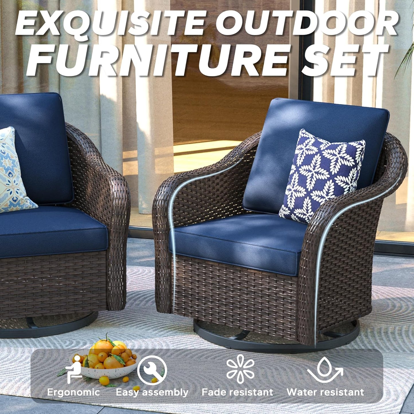 Outdoor Wicker 360 Degree Swivel Glider Rocker Chairs Set, Patio Conversation Furniture Set with Washable Cushions for Garden, Poolside (Navy Blue)