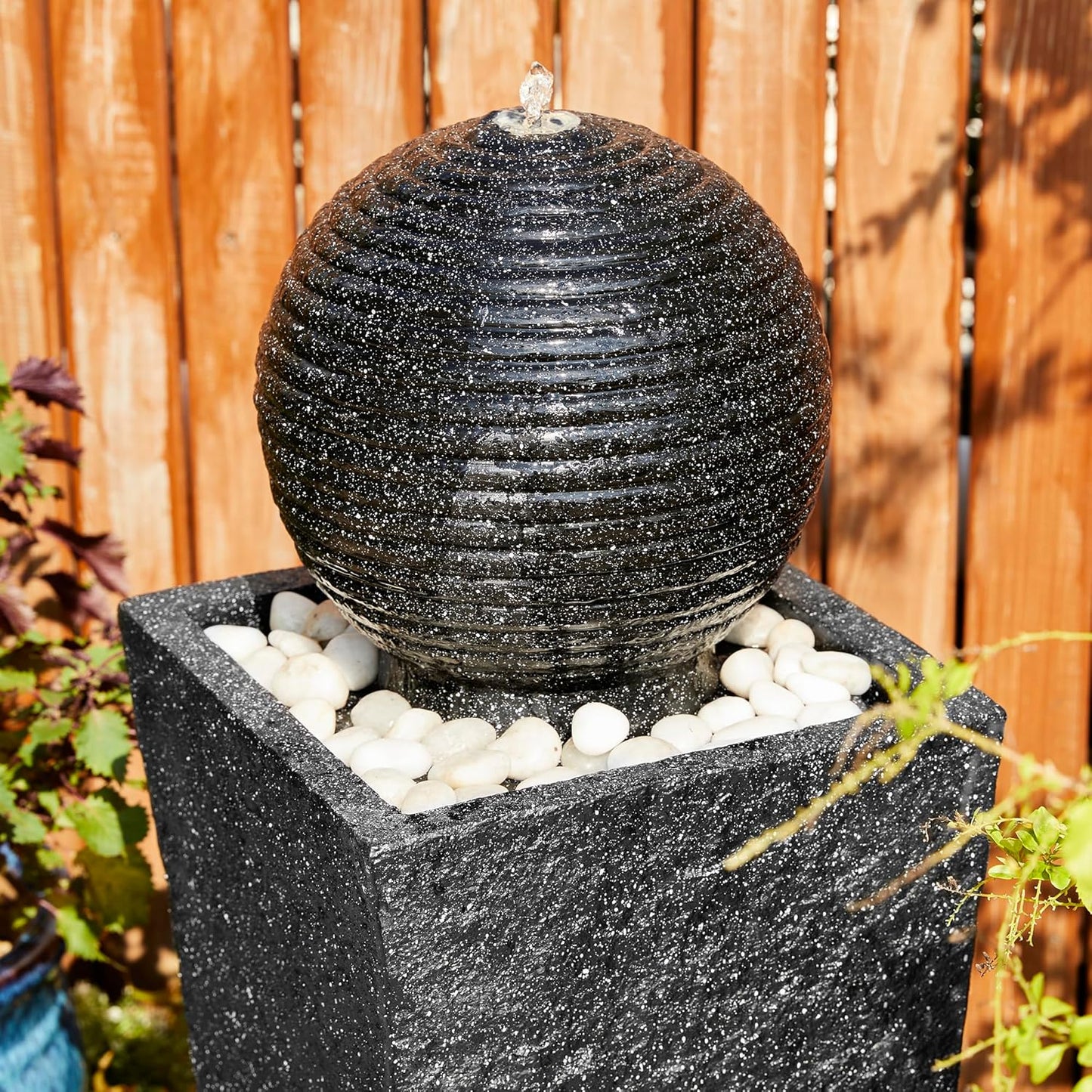 Glitzhome Outdoor Water Fountain with LED Light, Oversized Decorative Black Pedestal Water Fountains with Submersible Pump, Modern Sphere Floor Fountain with Pebbles for Garden Patio Decor, 40.75”H
