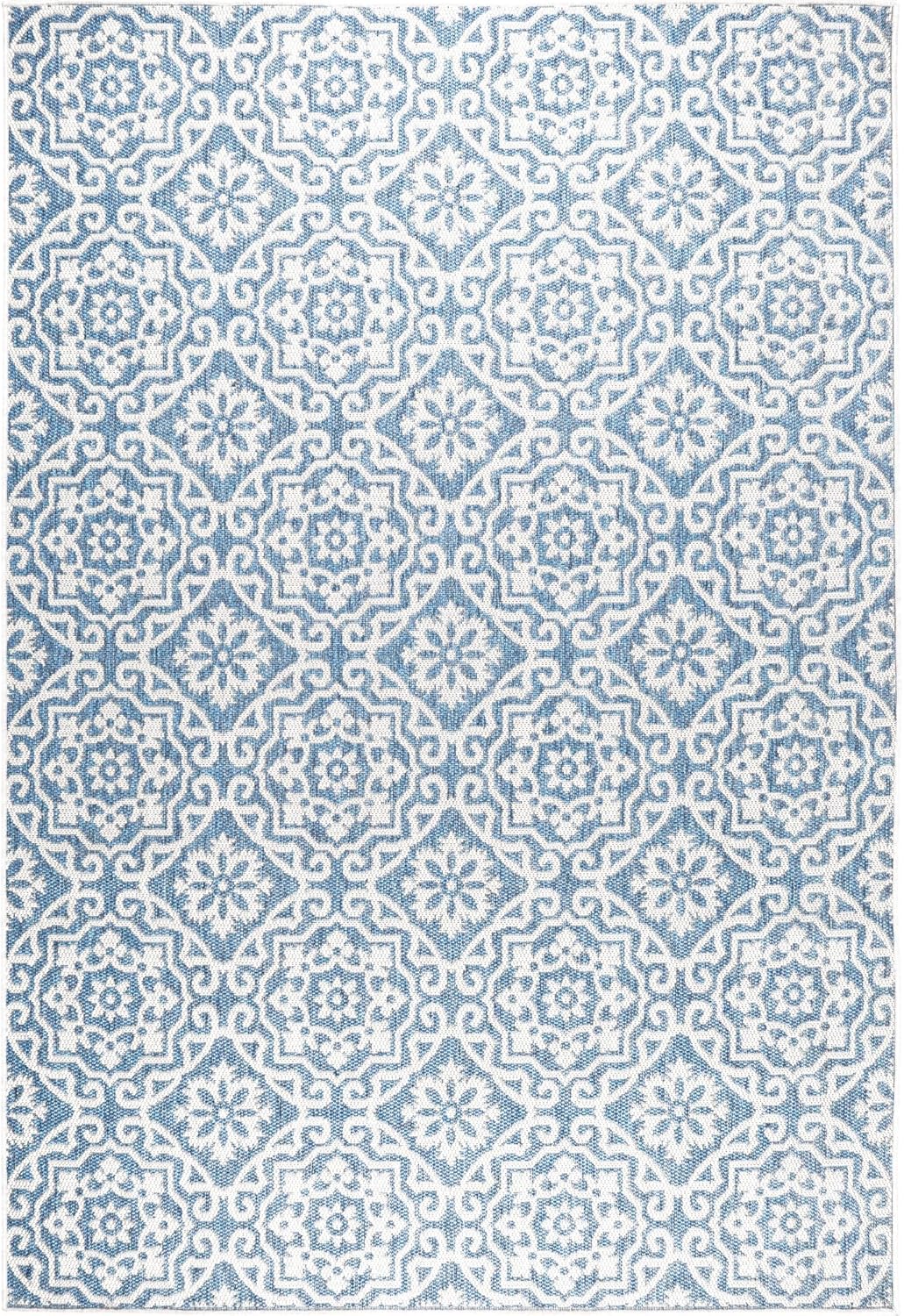 Nicole Miller New York Patio Country Julia Transitional Geometric Indoor/Outdoor Area Rug, Blue/Grey, 9'2"x12'5"