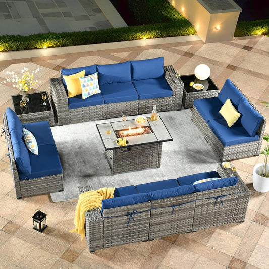 ovios 13 Pieces Patio Furniture Set, Outdoor Wicker Sectional Sofa with 42 Inch Fire Pit Table Comfy Cushions, Modern Modular Deep Seat Rattan Couch Conversation Set, Navy Blue