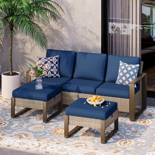 Wicker Patio 75" Sofa Set with Two Ottomans, All Weather Rattan Outdoor Conversation Furniture Set with Wood-Looking Metal Armrest for Deck Backyard Porch, Dark Blue
