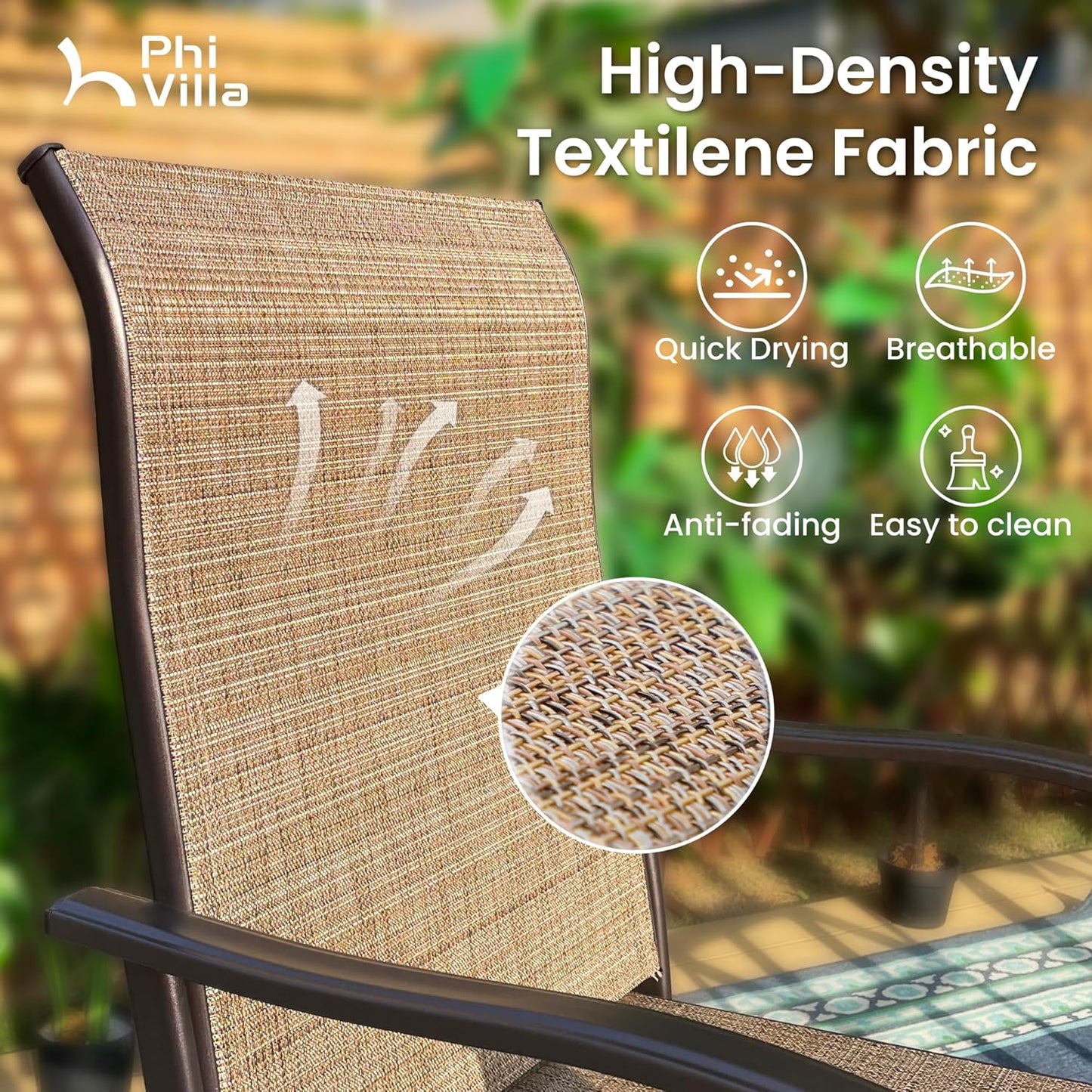 PHI VILLA 3 PCS Patio Swivel Bar Sets Textilene High Bistro Sets with 2 Outdoor Bar Stools and 1 Square Bar Table, Brown