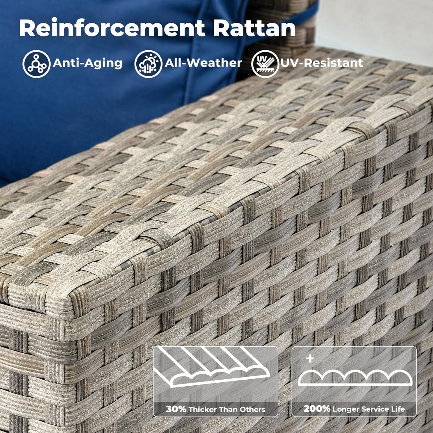 ovios 7 Pieces Patio Furniture Set, Outdoor Wicker Sectional Sofa with 30 Inch Fire Pit Table Comfy Cushions, Modern Modular Deep Seat Rattan Couch Conversation Set, Navy Blue