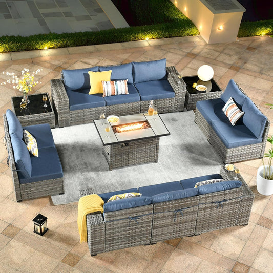 ovios 13 Pieces Patio Furniture Set, Outdoor Wicker Sectional Sofa with 42 Inch Fire Pit Table Comfy Cushions, Modern Modular Deep Seat Rattan Couch Conversation Set, Denim Blue