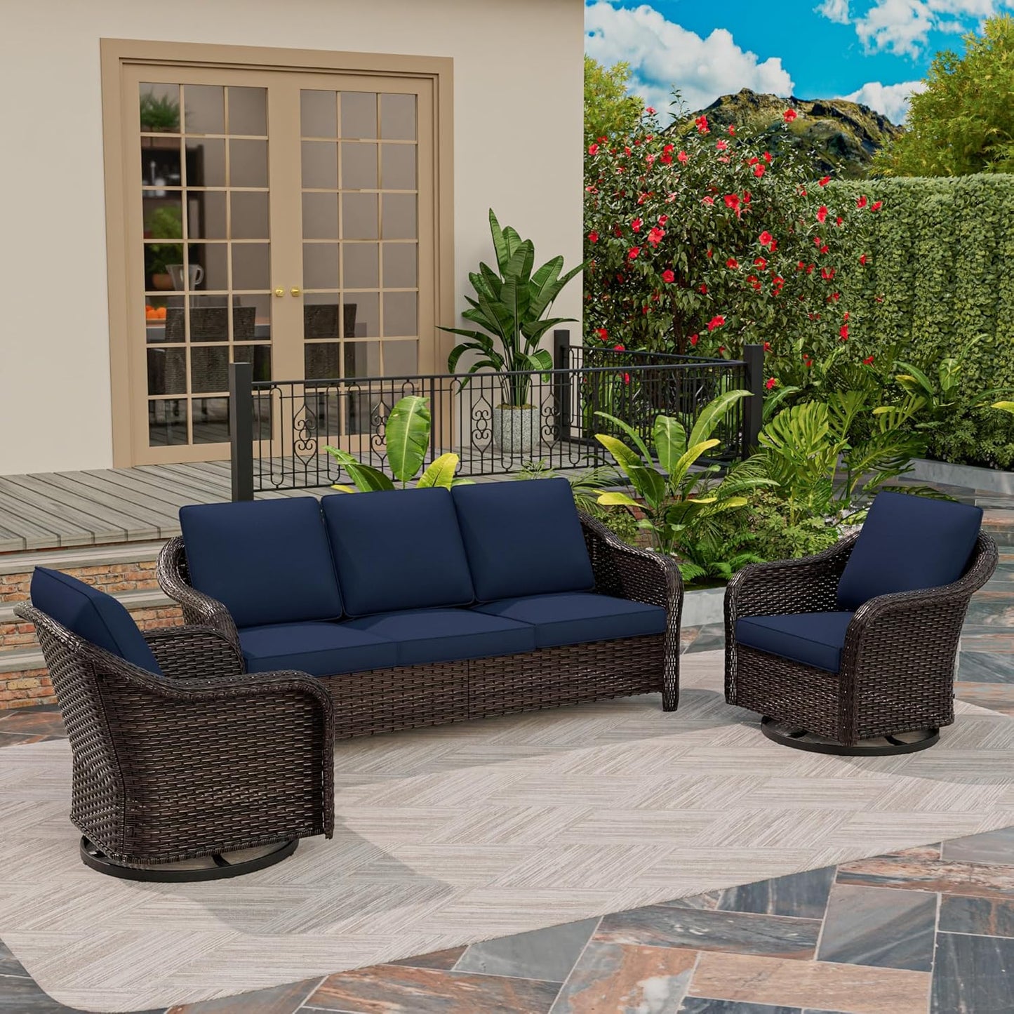 3 Piece Patio Wicker Conversation Set, All-Weather Use Outdoor Wicker Sofa with 2 PE Rattan 360 Swivel Chair, Ideal for Porch, Backyard, Balcony, Poolside, Blue
