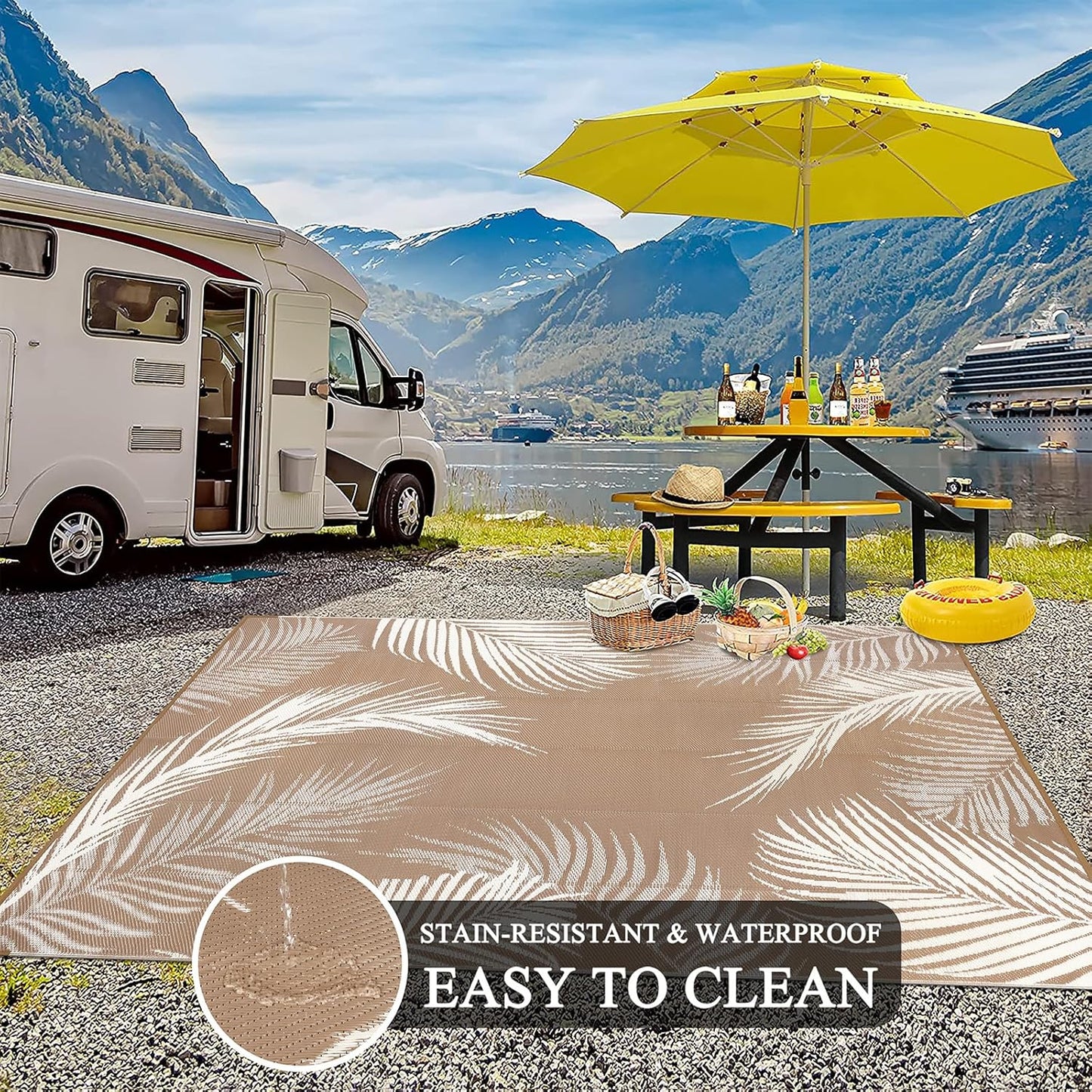 Pauwer Waterproof Outdoor Rug 10x14, Reversible Plastic Straw Patio Camping Rug, Indoor Outdoor RV Mat Carpet for Deck, Camper, Porch, Balcony, Backyard, Picnic, Leaf Brown