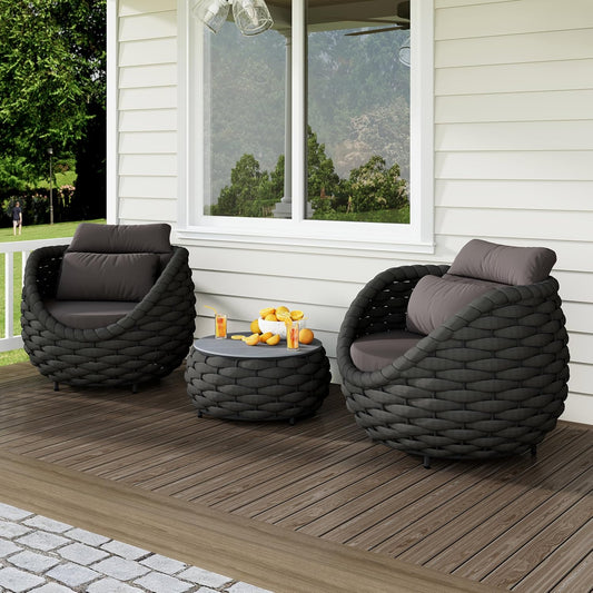 Deck Furniture Set: 3 Pieces Aluminum Woven Rope Patio Conversation Sofa Set for 2, Comfy Cushions Couch Armchair Table Set Assembled, 400lbs for Porch Balcony Pool Bistro Yard Hotel - Dark Gray