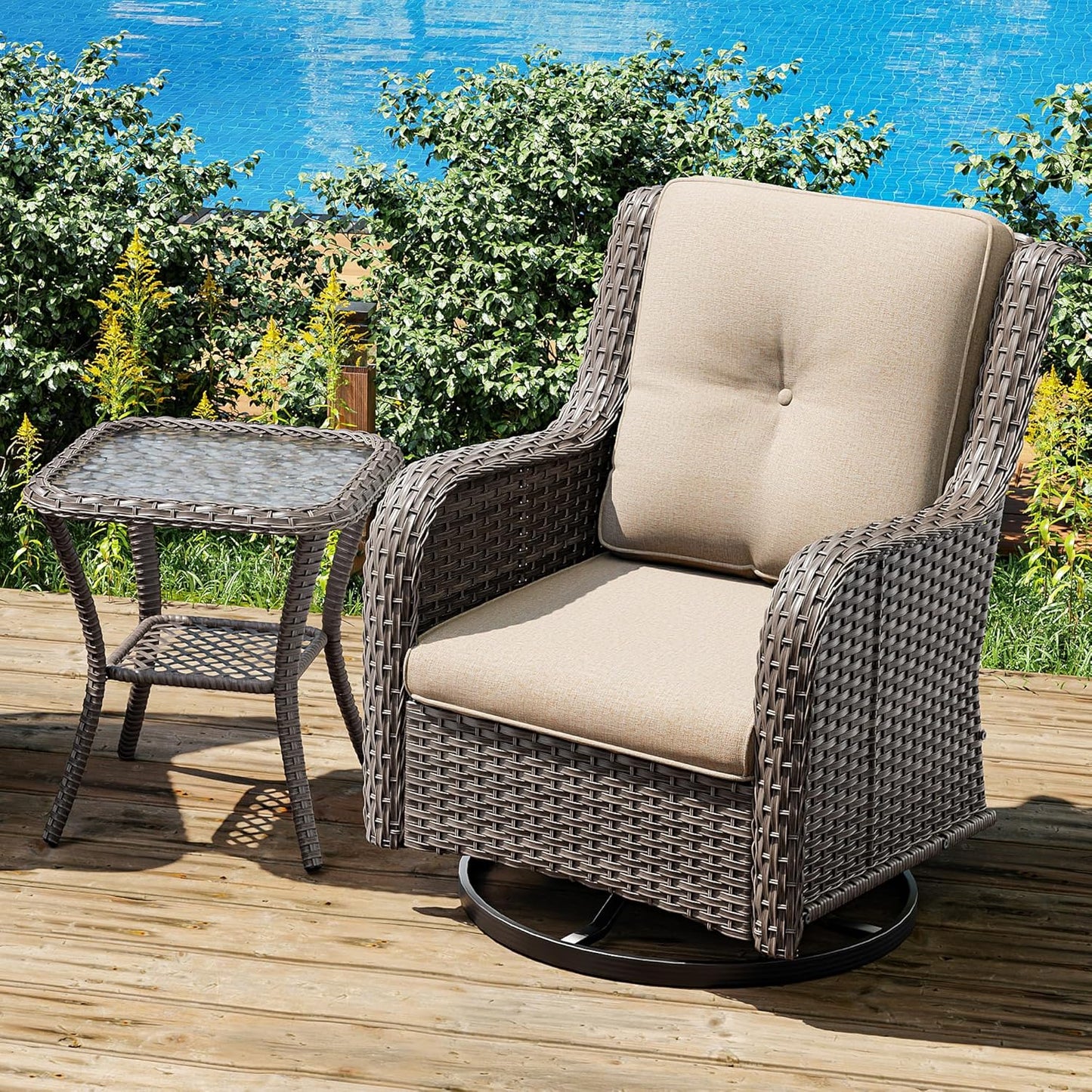 Joyside Outdoor Swivel Rocker Patio Chair and Matching Side Table - 2-Piece Wicker Patio Bistro Set with Premium Fabric Cushions(Brown Mixed with Grey/Beige)