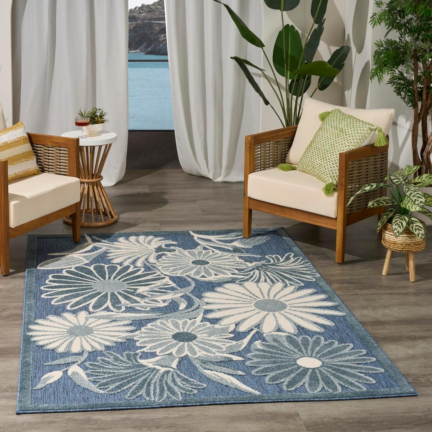 Nourison Aloha Blue 3'6" x 5'6" Area Rug - Easy Clean, Non Shedding, Bed Room, Living Room, Dining Room, Kitchen (4' x 6')