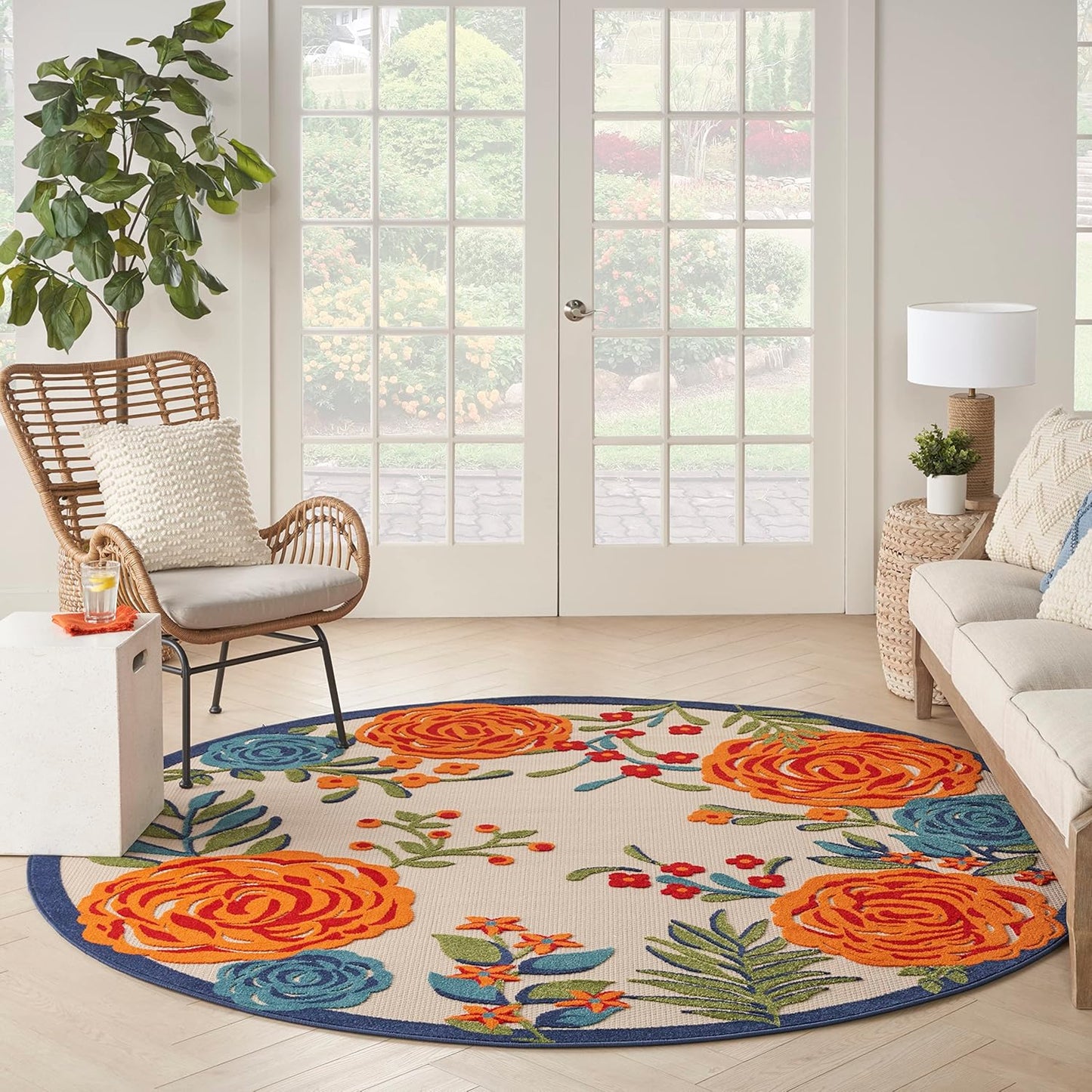 Nourison Home Aloha Indoor/Outdoor Multicolor 7’10” x Round Area Rug, Easy-Cleaning, Non Shedding, Bed Room, Living Room, Dining Room, Backyard, Deck, Patio (8 Round)