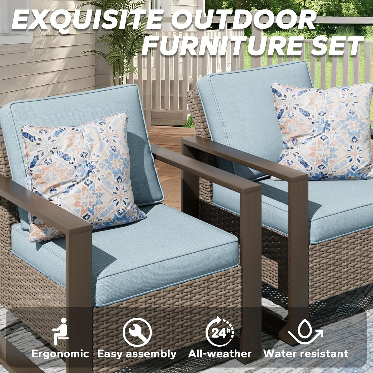 Outdoor Wicker Metal Chairs Set of 2 with Matching Side Table - 3 Pieces Patio Bistro Set with Removable Olefin Fabric Cushions & Rectangular Framed Wood-Looking Metal Armrest, Baby Blue