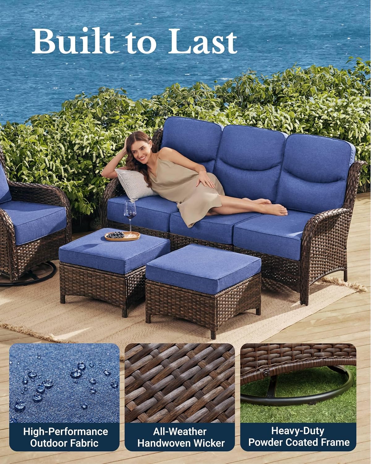 HILLGA Luxury Patio Furniture Set with 6-inch Thick Cushion, Outdoor Sectional Sofa and High Back Swivel Rocker Patio Chairs, 10PCS Wicker Conversation Set for Deck Yard and Poolside, Blue (V2)