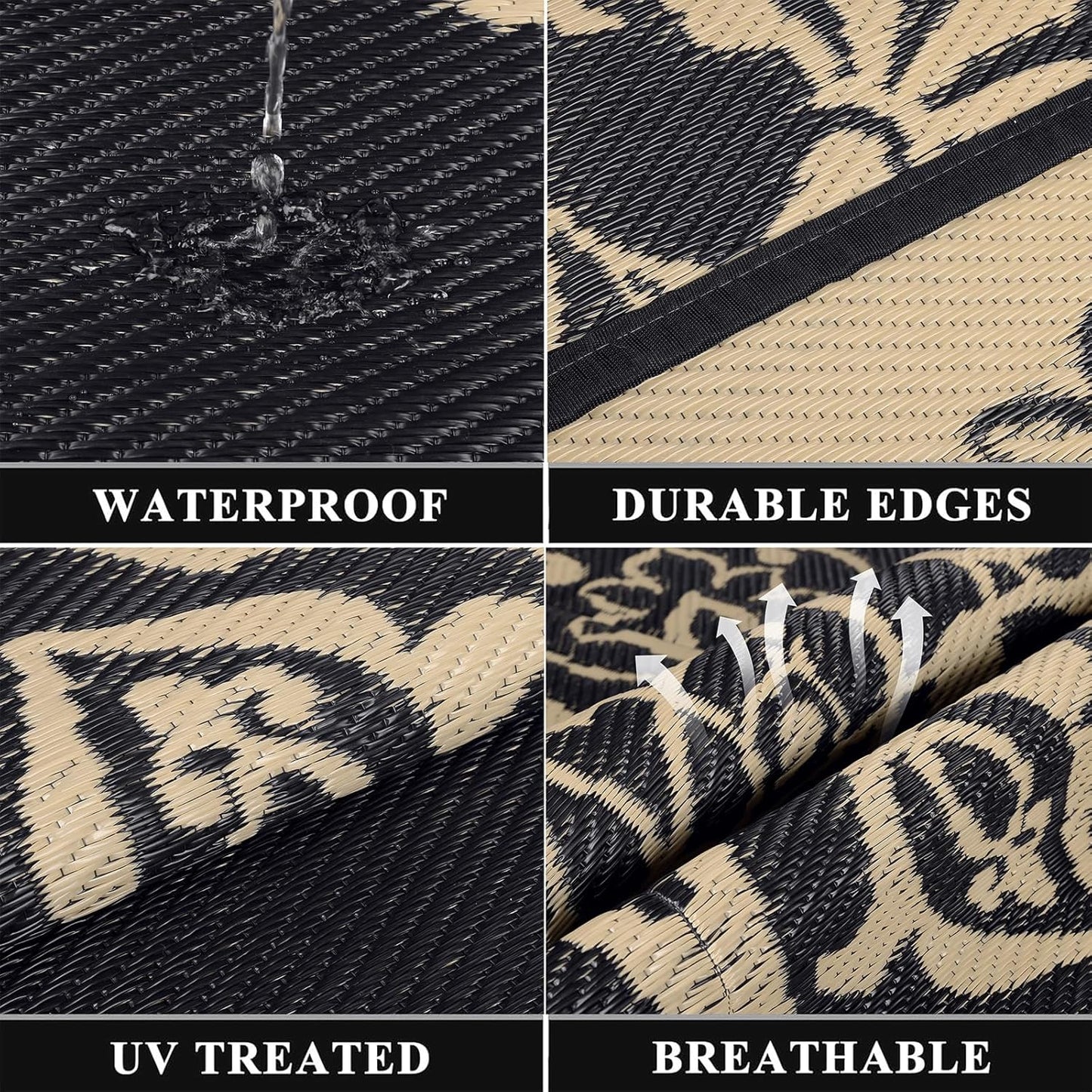 Pauwer Waterproof Outdoor Rug 6x9, Reversible Plastic Straw Patio Camping Rug, Indoor Outdoor RV Mat Carpet for Deck, Camper, Porch, Balcony, Backyard, Picnic, Boho Black Brown