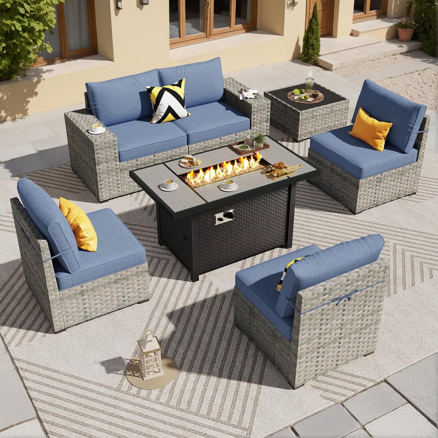 ovios 7 Pieces Patio Furniture Set, Outdoor Wicker Sectional Sofa with 42 Inch Fire Pit Table Comfy Cushions, Modern Modular Deep Seat Rattan Couch Conversation Set, Denim Blue