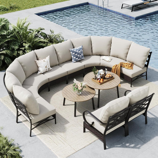 MFSTUDIO Patio Furniture Set, 10 Seats Half-Moon Curved Outdoor Sectional Sofa Conversation Set with 2 Wood-Like Round Table, Woven Rattan Patio Couch for Backyard, Garden, Deck