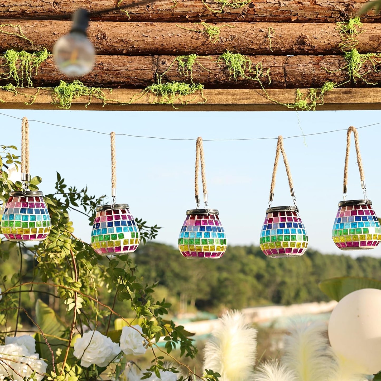 Cooo 4 Pack Mosaic Solar Lantern Outdoor Waterproof IP68 Hanging Projection Light Hidden Lid Pear-Shaped Lantern with Rope Handle Solar Powered Auto On for Patio Garden Fence Table - Neon Mosaic