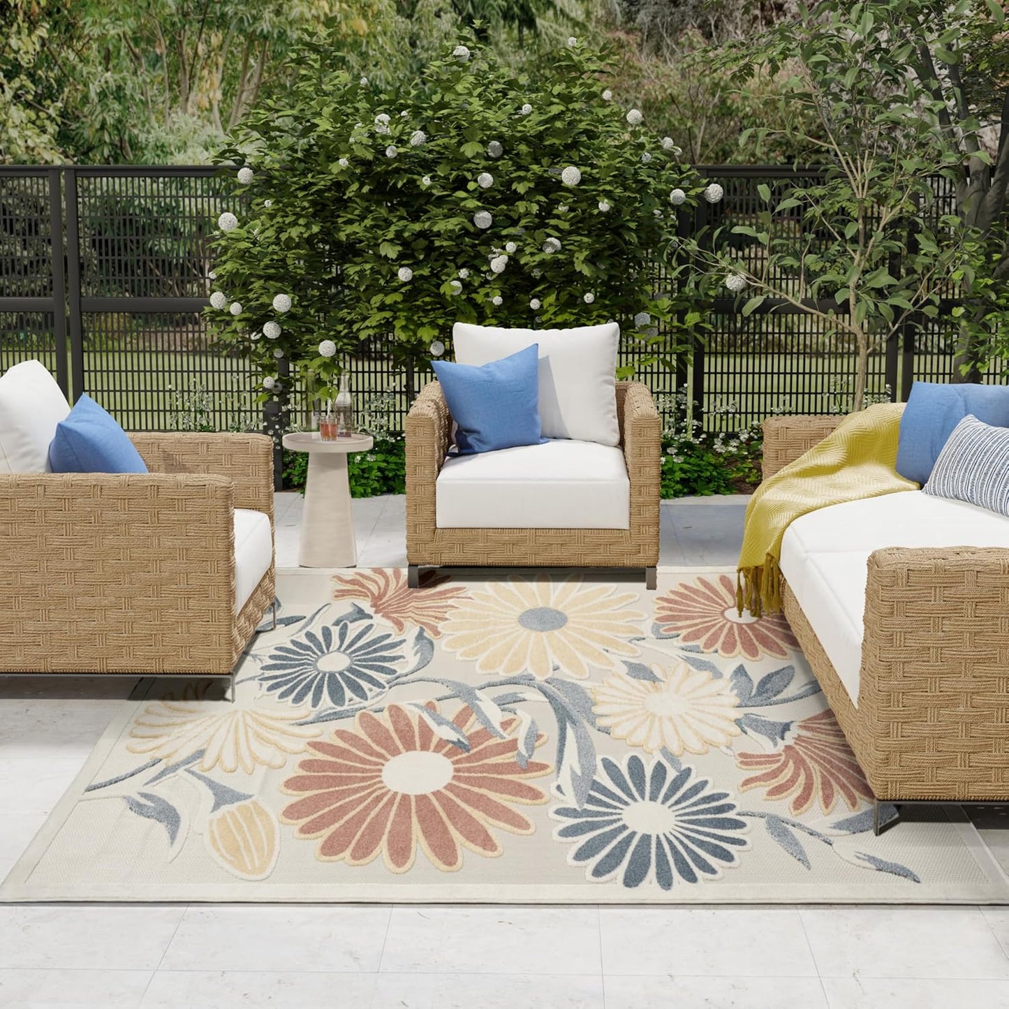 Nourison Aloha Ivory Rose 7'10" x 10'6" Area Rug - Easy Clean, Non Shedding, Bed Room, Living Room, Dining Room, Kitchen (8' x 11')