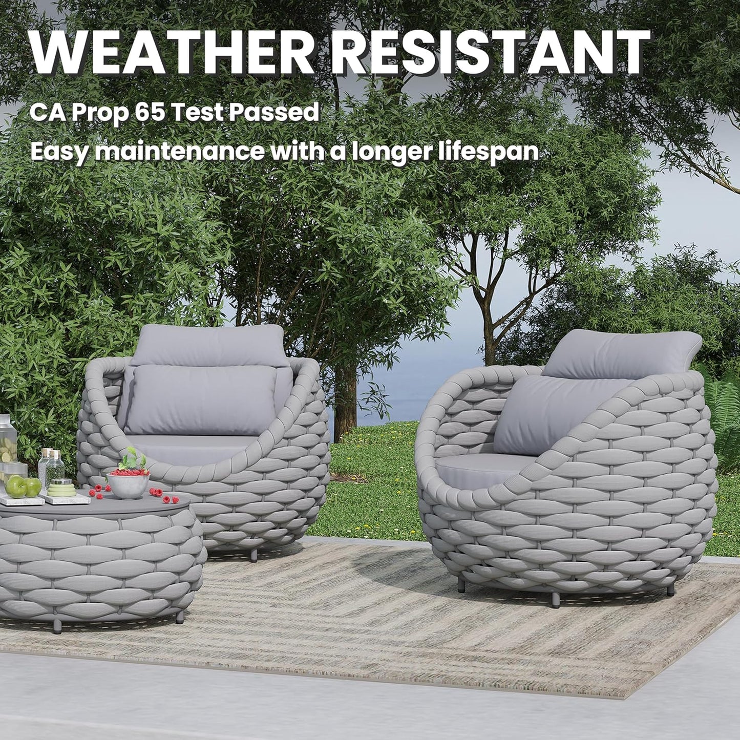 Front Porch Furniture Set: 3 Pieces Aluminum Patio Conversation Sofa Set for 2 - All Weather Woven Rope Outdoor Armchair Set w/Cushions No Assembly for Bistro Pool Yard Balcony Deck Hotel, Gray