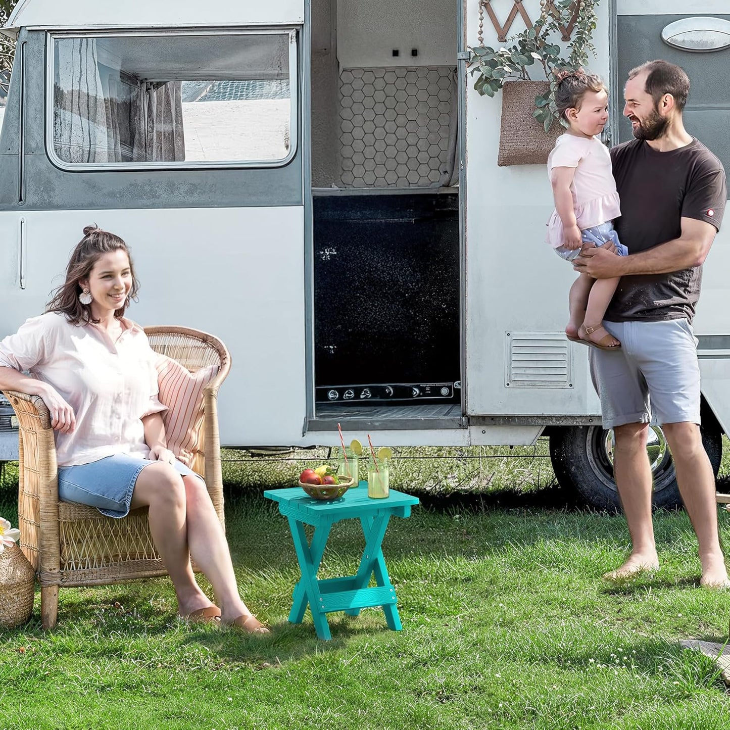 LUE BONA Small Outdoor Folding Side Table, HDPS Outside End Table for Patio, Porch, Deck, Pool, 14 Inch Height, Aruba Blue