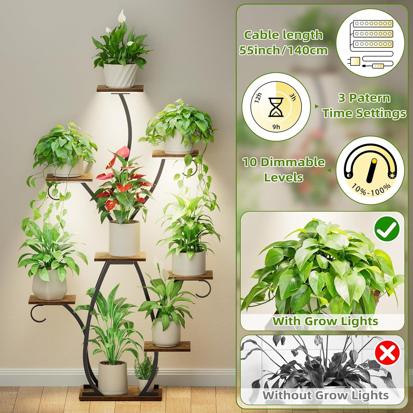 Plant Stand Indoor with Grow Lights - 58" Tall Plant Shelf Indoor, 8 Tiered Corner Lighted Plant Shelves for Indoor Multiple Plants, Metal Flower Stands Display Rack for House, Patio, Black