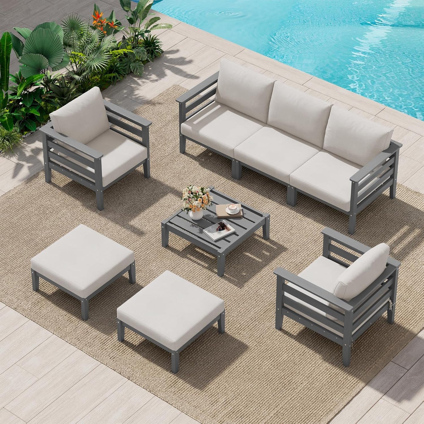 SERWALL HDPE Patio Furniture Set, 8 Pieces Composite Outdoor Furniture, All-Weather Wood-Like Outdoor Sofa Couch with Coffee Table for Deck, Lawn, Grey Frame with Khaki Cushion