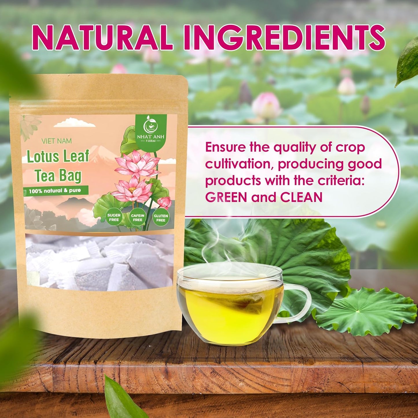 NHAT ANH FARM - Premium Lotus Leaf Tea Bags, 100 Teabags, 100% Natural, Hand-Selected Lotus Leaf Tea Bags, No Additives, Sugar-Free,Caffeine-Free. Good For Your Health.