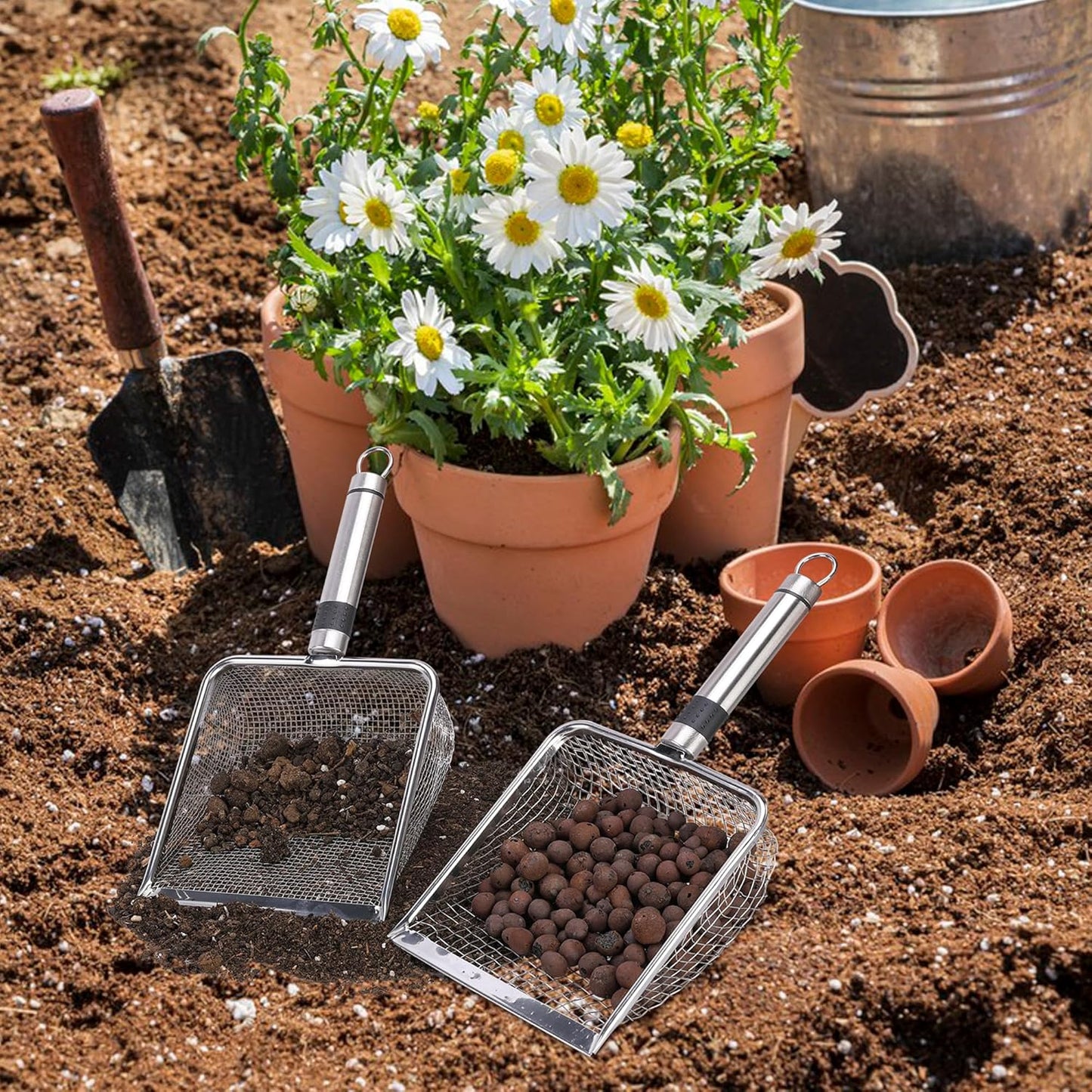 Adnee 2 Pcs Gardening Soil Sifter-Garden Sieve Sifter with Handle (3.8/5 mm Mesh)-Portable Gardening Sifter for Gradening Sand Soil Dirt Compost