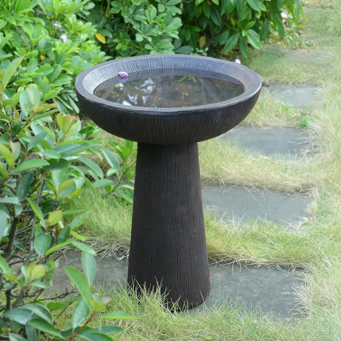 Bird Bath for Outdoor - 26'' Tall Resin Natural Wood Pattern Designt Birdbaths, Lightweight and Durable - Enhance Your Outside Garden with This Stunning Water Feature (Wood Grain)