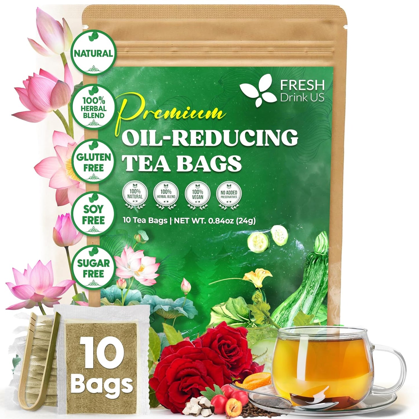 FreshDrinkUS, Oil-Reducing Herbal Tea – 10 Tea Bags | Blend of Winter Melon, Lotus Leaf, Ginger, Hawthorn, Gardenia Fruit, Rose, Cassia Seed & More | Naturally Caffeine-Free | Delicious Hot or Iced