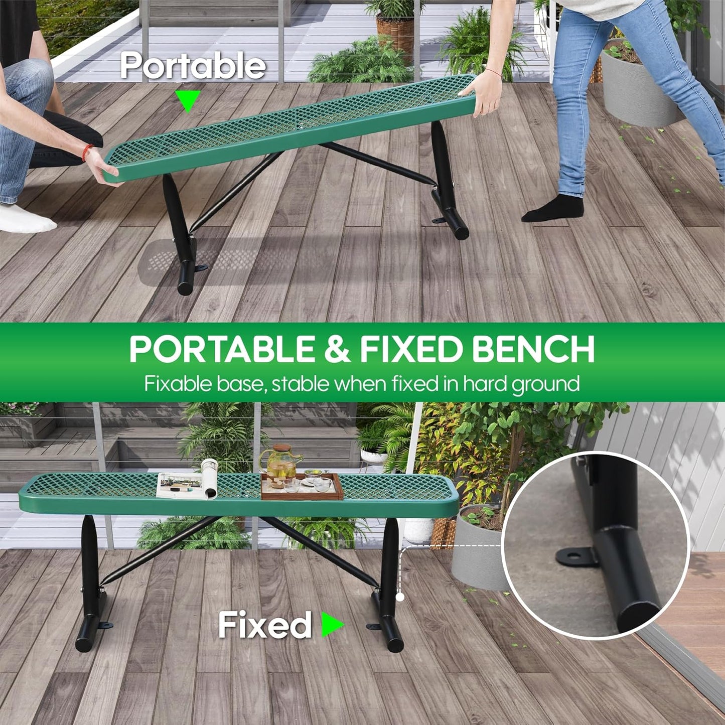 6 Feet Heavy Duty Metal Park Bench for Outside, Outdoor Bench with Portable Frame, Commercial Benches for Shopping Mall, Store, Park, Patio, Deck, Green