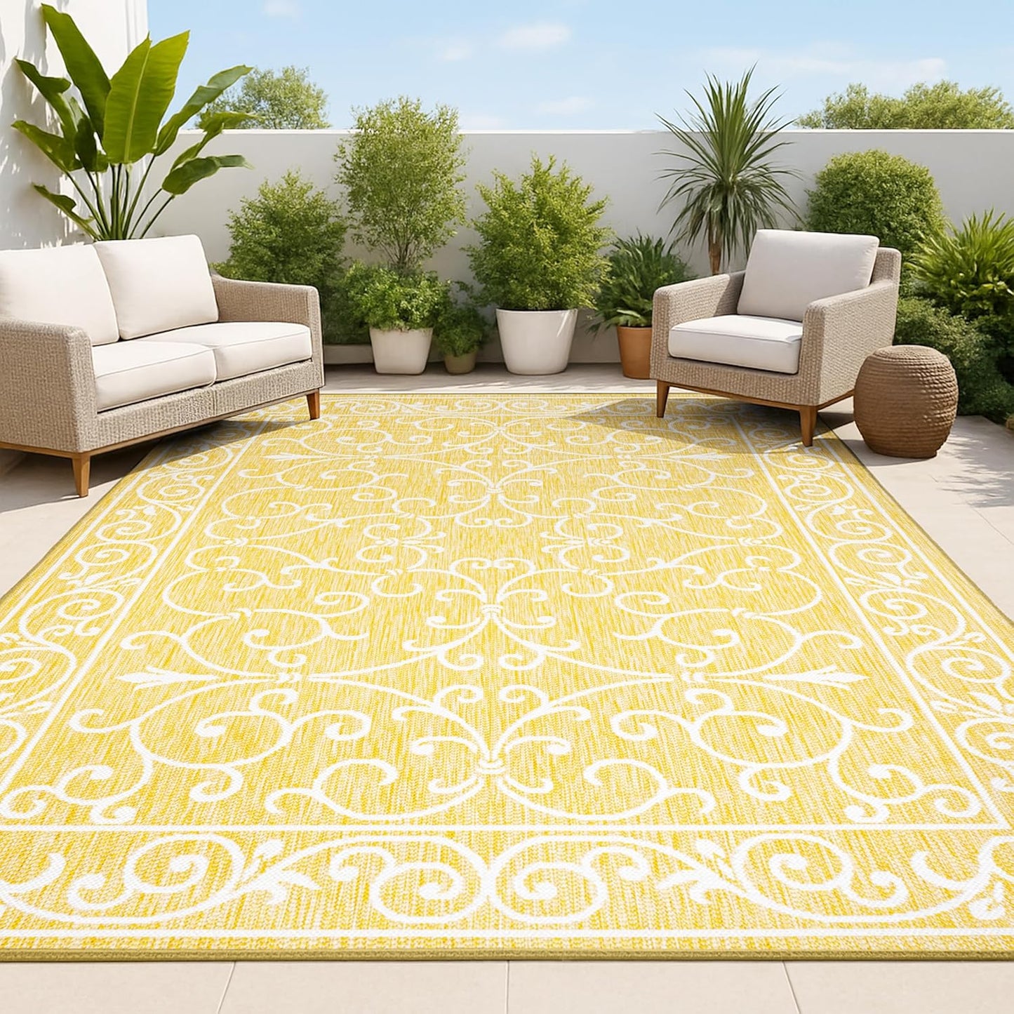 JONATHAN Y SMB106L-8 Charleston Vintage Filigree Textured Weave Indoor Outdoor Area Rug, Classic Traditional Easy-Cleaning,Bedroom,Kitchen,Backyard,Patio,Non Shedding, 8 X 10, Yellow/Cream