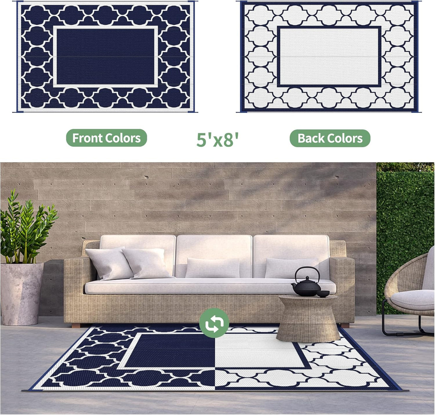 GENIMO 5' x 8' Outdoor Rug Waterproof for Patio Decor, Foldable Reversible Plastic Straw Area Rugs Mat for Camper, Outside Carpet for Rv, Deck, Porch, Picnic, Beach, Balcony, Blue & White