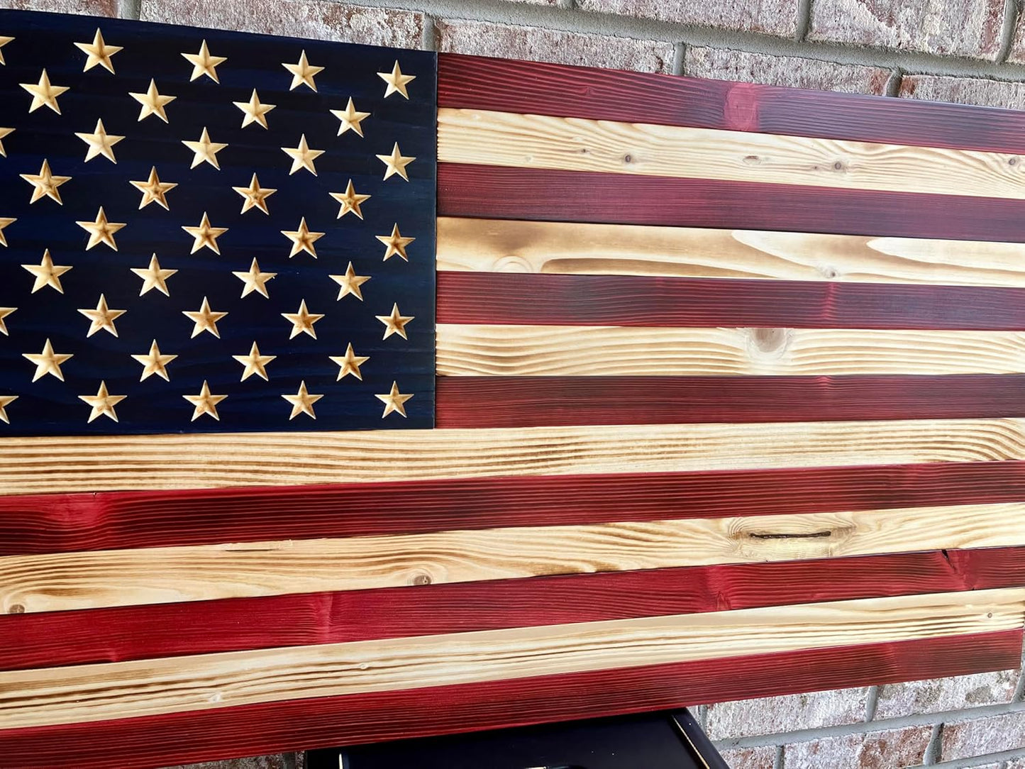 Rustic Wooden American Flag, Patriotic Wall Art (Weather Protected Finish, 34x65)