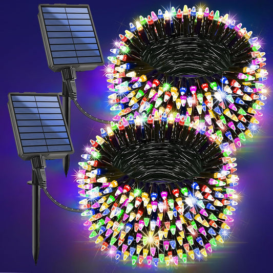 2-Pack 200FT Solar String Lights for Outside, 600 LED Extra-Bright Outdoor with 19 Modes & Timer, Waterproof Fairy Lights for Garden Patio Tree Christmas Decorations (Multicolor)