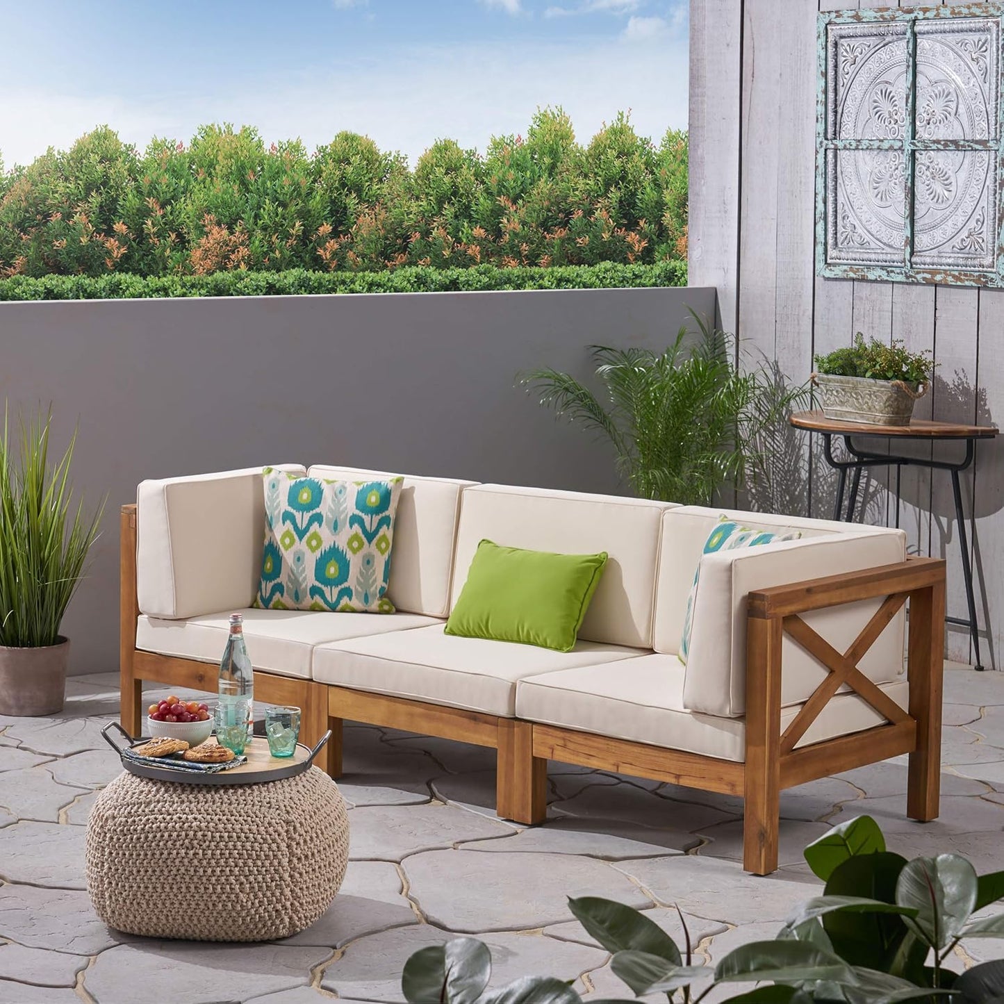 GDFStudio Outdoor Sectional Sofa Set | 3-Seater | Acacia Wood | Water-Resistant Cushions | Teak and Beige