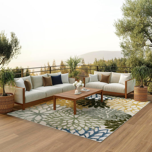 Nourison Home Aloha Indoor/Outdoor Green Multicolor 7'10" x 10'6" Area Rug, Easy-Cleaning, Non Shedding, Bed Room, Living Room, Dining Room, Backyard, Patio, Deck (8x11)