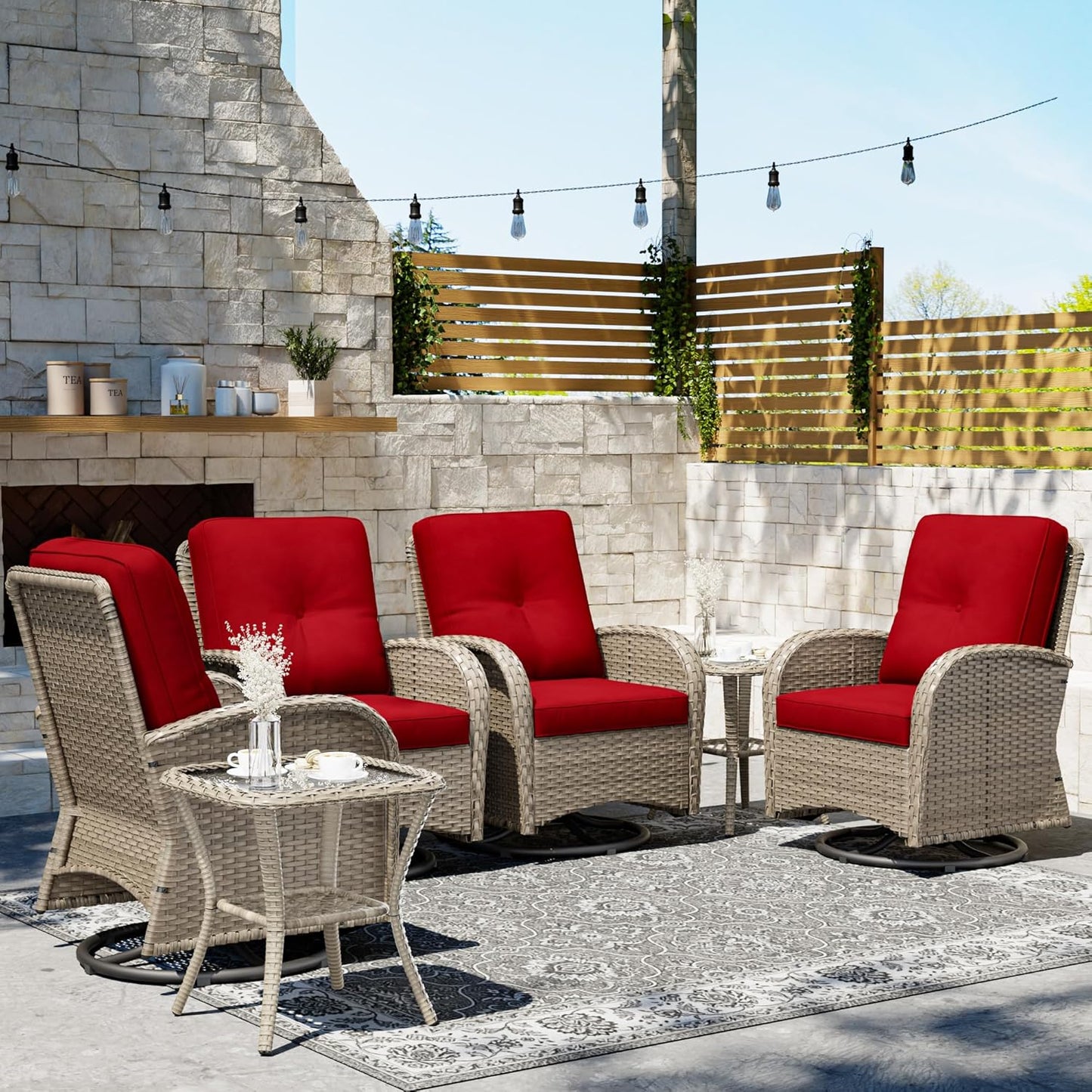 Joyside Outdoor Swivel Rocker Chairs, 6 Piece Wicker Patio Set with Thick Cushion and Side Table, Rattan Patio Swivel Rocking Chairs for Porch, Deck Use (Natural/Red, 6 PCS)