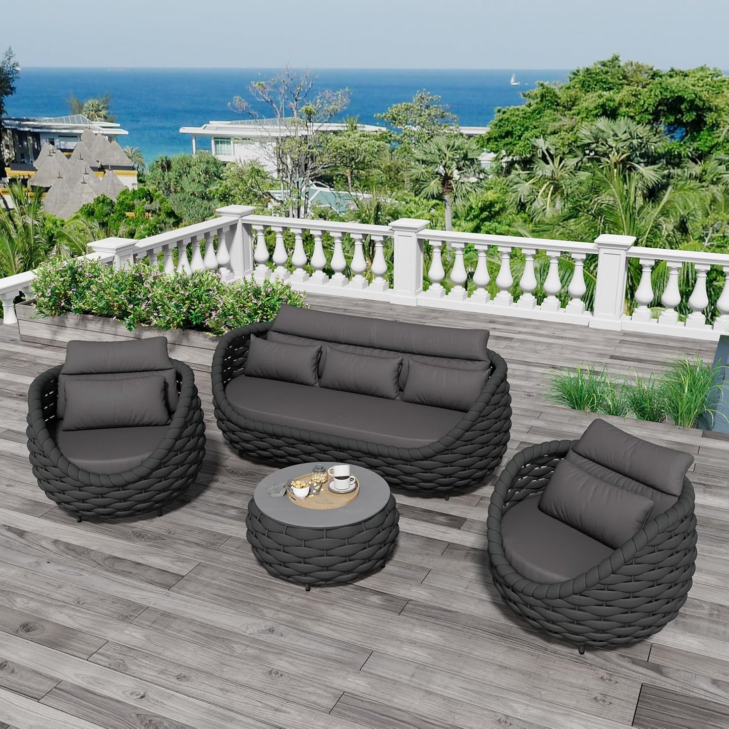 Woven Rope Patio Furniture Set: 4 Pieces Aluminum Outdoor Conversation Sofa Set Assembled - Modern Couch Set Cushioned - All Weather Metal Porch Seating for 5 Person Deck Garden Hotel, Dark Gray