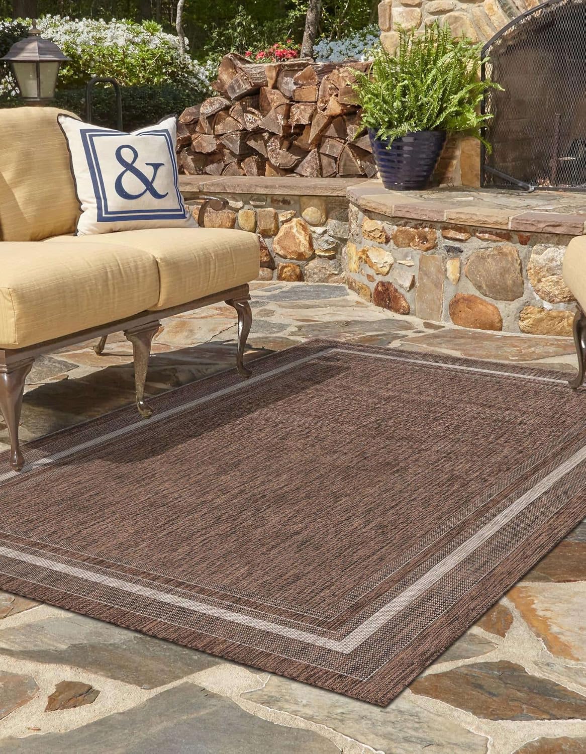 Unique Loom Outdoor Border Collection Area Rug - Soft Border (3' 3" x 5' 3" Rectangle Brown/Ivory)