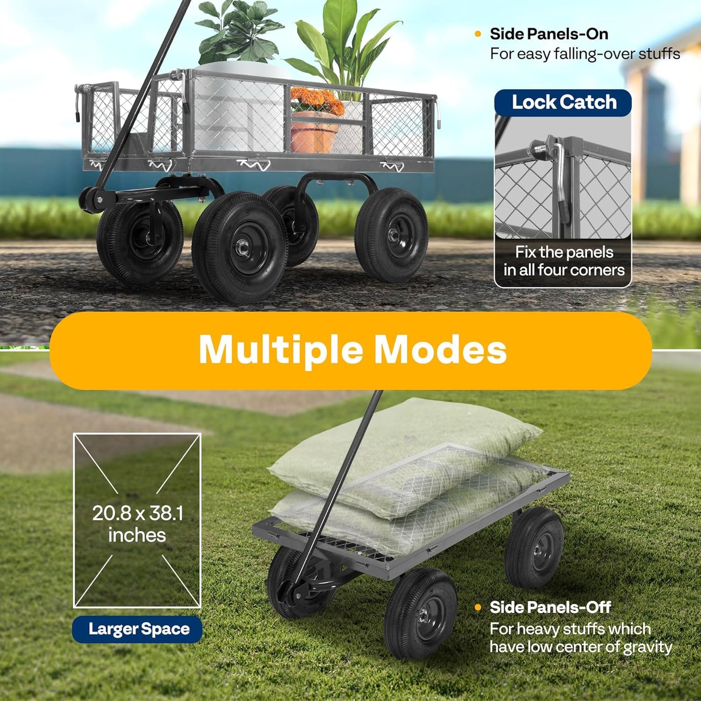 VIVOHOME Heavy Duty 880 Lbs Capacity Mesh Steel Garden Cart Folding Utility Wagon with Removable Sides and 4.10/3.50-4" Wheels 10 inch Tire (Grey)