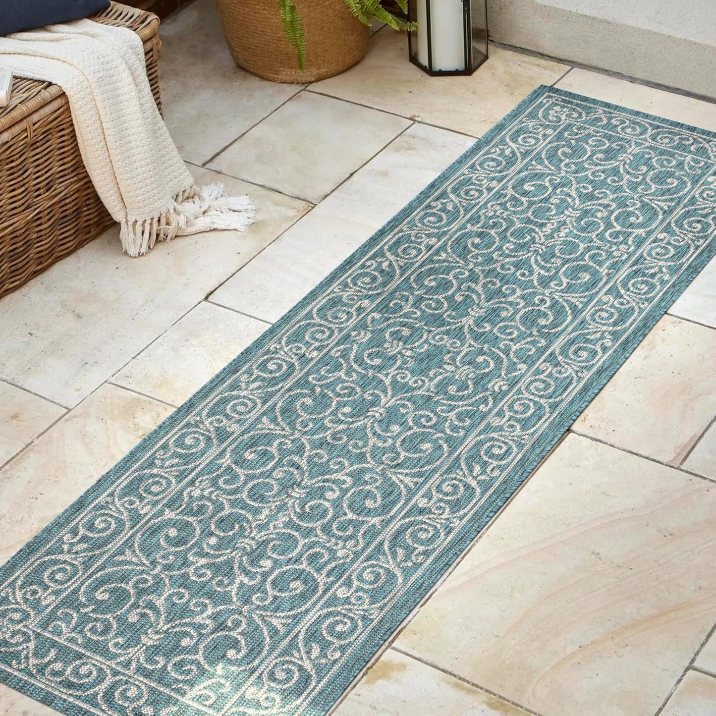 JONATHAN Y SMB106F-28 Charleston Vintage Filigree Textured Weave Indoor/Outdoor Teal/Gray 2 ft. x 8 ft. Runner Rug, Classic,Easy-Cleaning,HighTraffic,LivingRoom,Backyard, Non Shedding