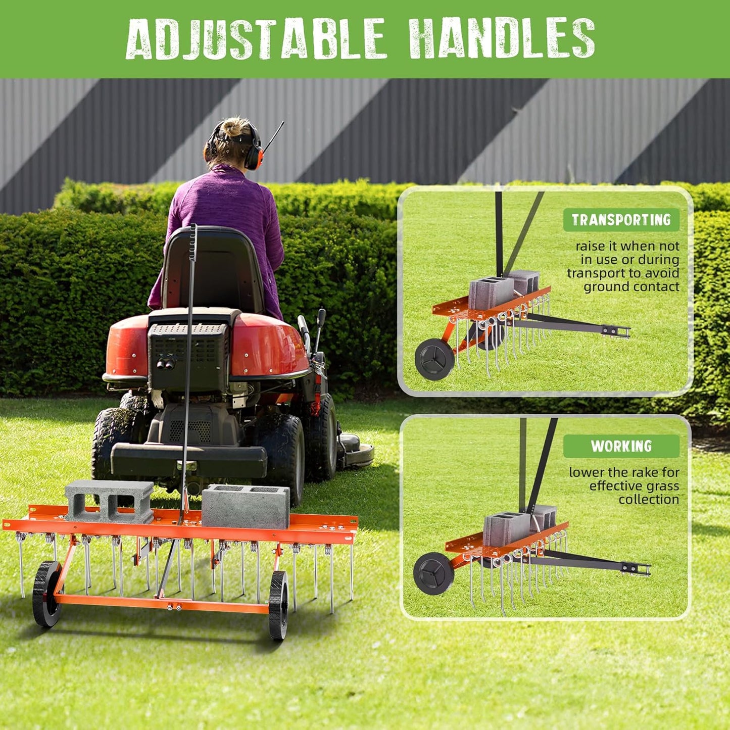 40" Tow-Behind Dethatcher with 20 Spring Steel Tines, Pull Behind Lawn Tractor Mower Grass Rake for Yard, Garden, and Farm Care – Removes Thatch, Leaves, and Pine Needles-Orange